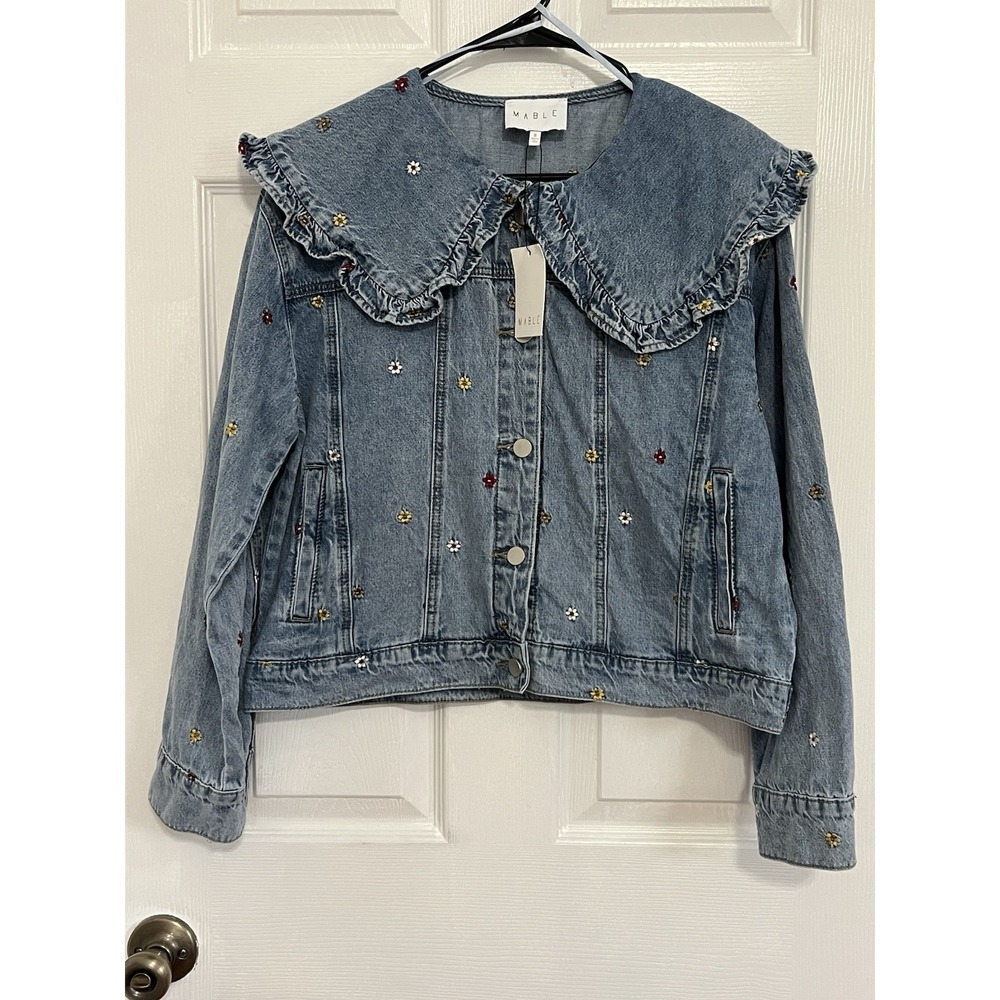 Cottagecore Denim Jacket Floral Embroidered Peter Pan Collar Coquette Fairycore - Picture 4 of 16